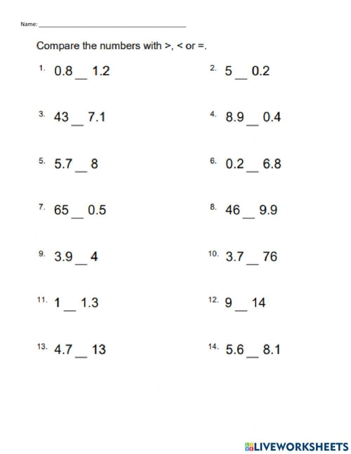 Fifth grade math worksheet showing decimal comparison and rounding practice problems for students