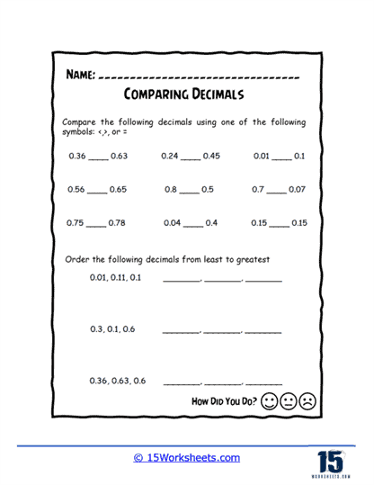 Fifth grade student completing a math worksheet focused on comparing and rounding decimal numbers