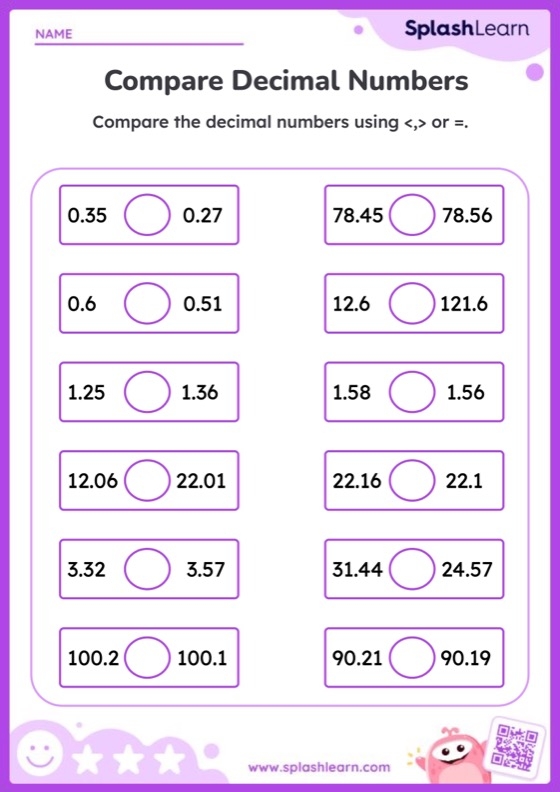 Fifth grade math worksheet showing decimal comparison and rounding practice problems with visual examples