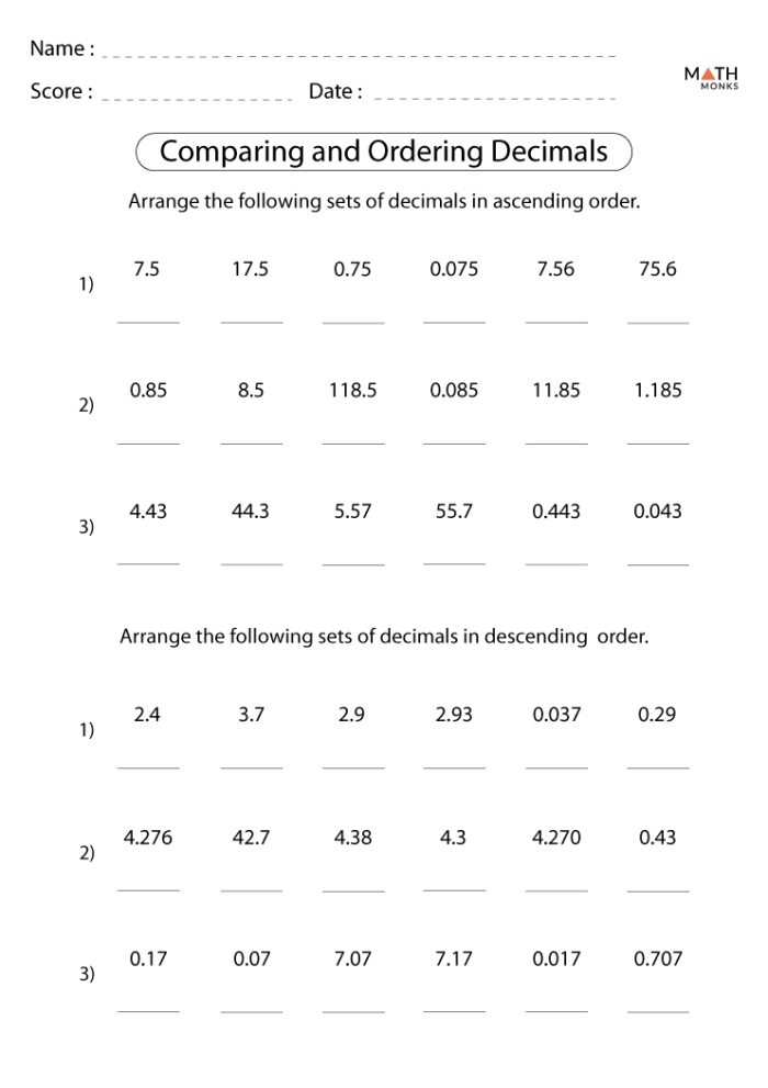 Fifth grade math worksheet showing decimal comparison and rounding practice problems for students