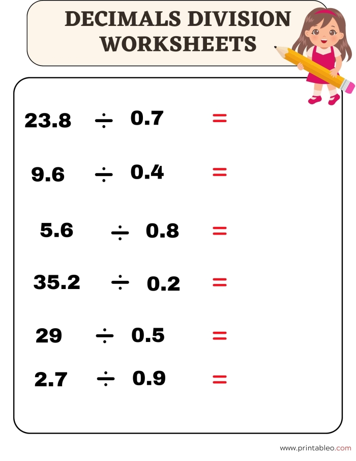 Fifth grade math worksheet featuring nine practice problems on dividing decimals by whole numbers