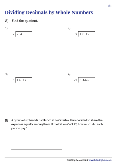 Fifth grade math worksheet featuring nine practice problems for dividing decimals by whole numbers