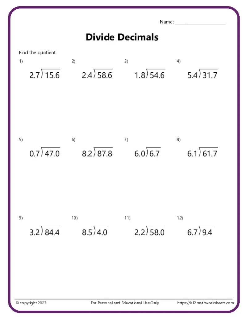 Children practicing division of decimal numbers in a fifth-grade math worksheet