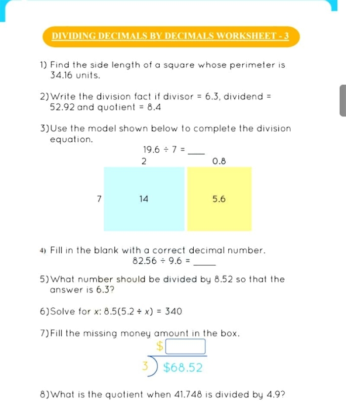 Fifth grade math worksheet featuring decimal division problems for students to solve