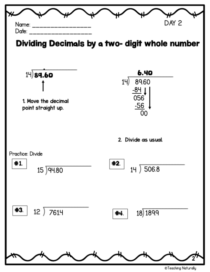 Kids practicing dividing multi-digit decimal numbers on a math worksheet
