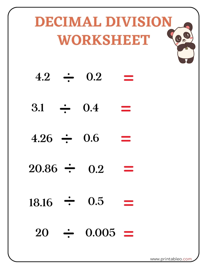 Decimal Placement in Division Worksheet for 5th Graders Children practicing decimal division problems on a worksheet for fifth grade