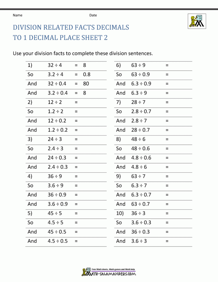 Decimal Placement in Division worksheet for estimating answers Worksheet featuring decimal division problems for fifth graders