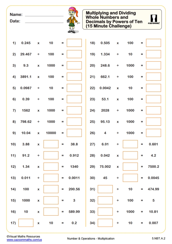 Fifth grade math worksheet featuring nine decimal division problems by whole numbers