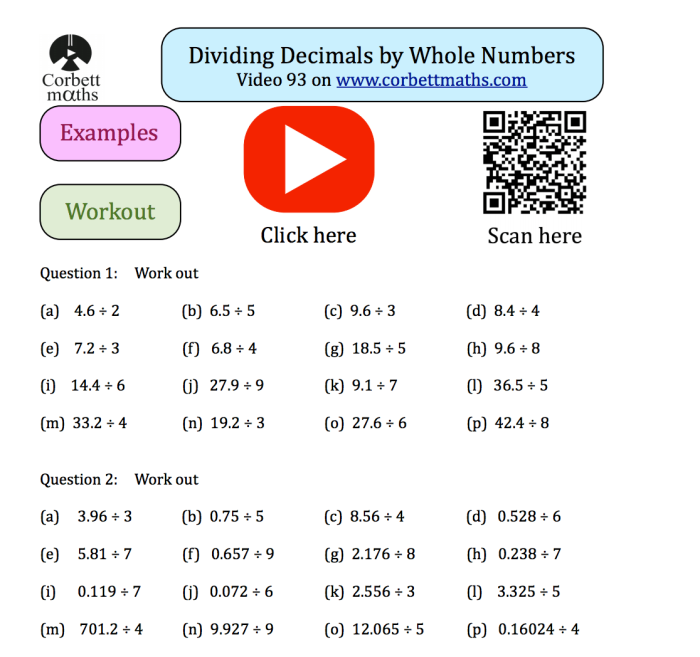 Worksheet featuring nine problems for dividing decimals by whole numbers