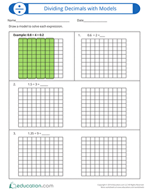 Dividing Decimals with Models Worksheet for Fifth Grade Math Students practicing decimal division using visual models in a fifth-grade worksheet