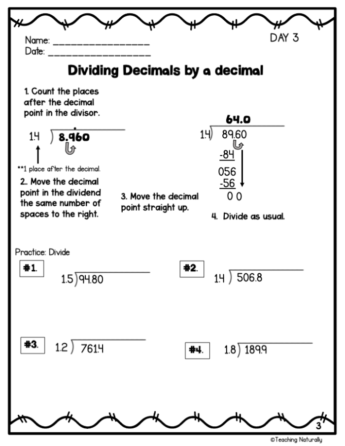 Fifth grade math worksheet featuring multi-digit decimal division problems for students