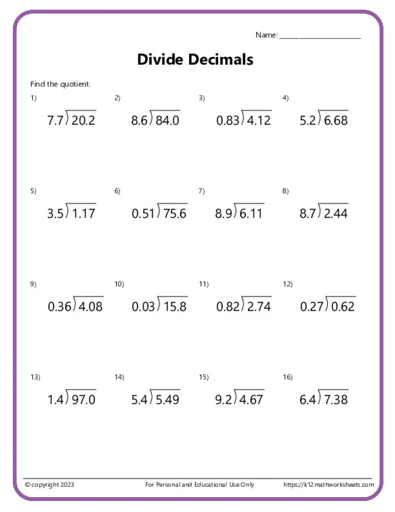 Fifth grade math worksheet for practicing division of multi-digit decimal numbers