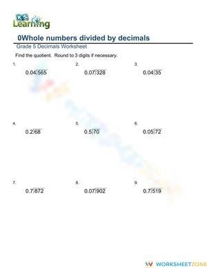 Fifth grade math worksheet featuring nine practice problems for dividing decimals by whole numbers