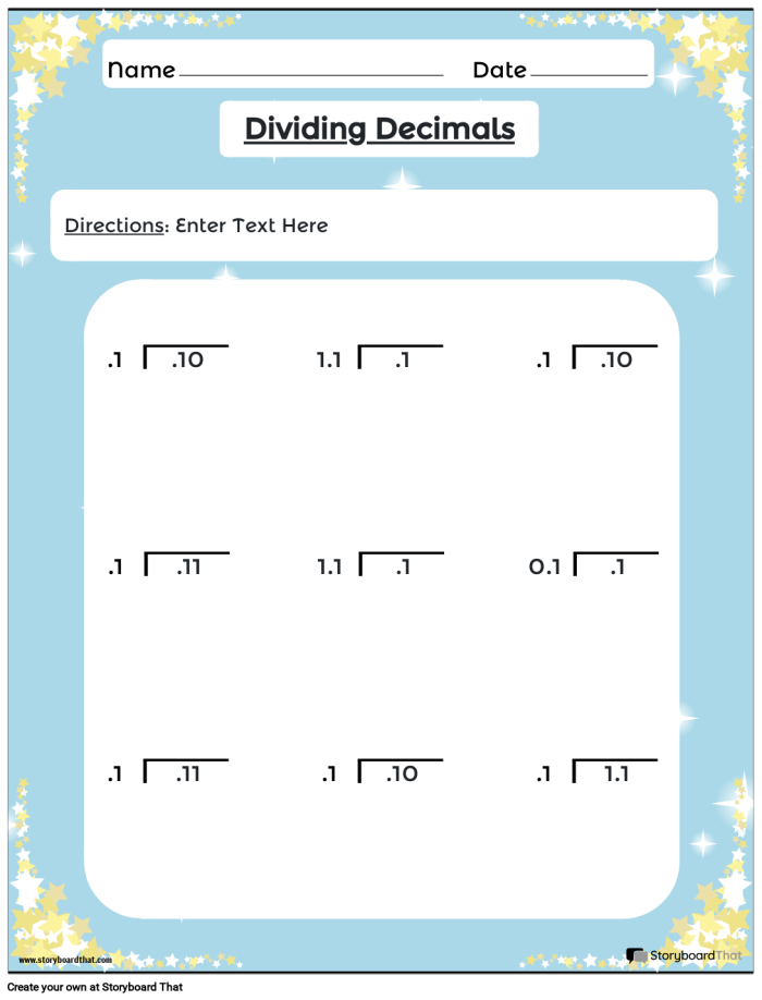Decimal Placement in Division worksheet for fifth-grade students Worksheet displaying decimal division problems for fifth graders to estimate answers