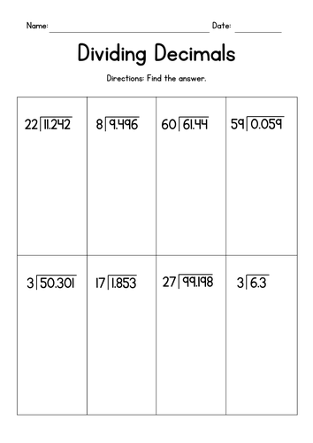 Fifth grade worksheet showing nine math problems for dividing decimals by whole numbers