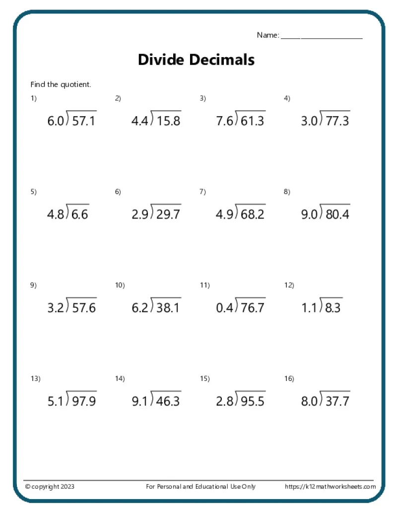 Fifth grade student practicing multi-digit decimal division problems on a math worksheet