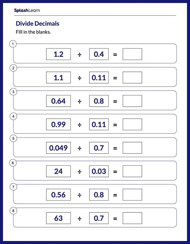 Decimal Placement in Division Worksheet for Fifth Grade Students Worksheet featuring fifth graders estimating answers to decimal division problems