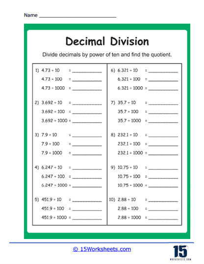 Decimal Placement in Division worksheet for students to practice their skills Worksheet for estimating decimal division answers in fifth grade math