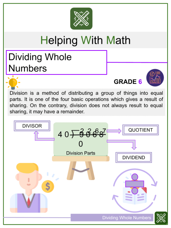 Worksheet featuring nine problems for dividing decimals by whole numbers