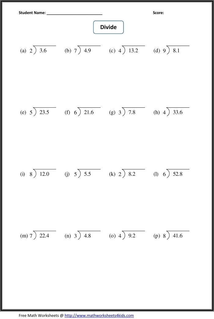 Decimal Placement in Division Worksheet for Fifth Graders Fifth-grade students estimate answers for decimal division problems in this worksheet