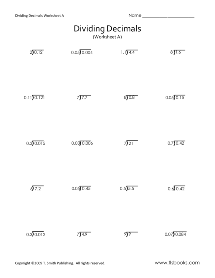 Division worksheet for Fifth Grade Students working on a Decimal Placement in Division worksheet for fifth grade. Worksheet image featuring estimation of answers to decimal division problems.
