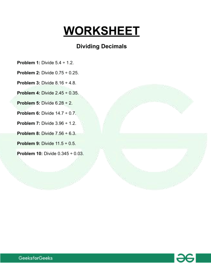 Decimal Placement in Division Worksheet for Fifth Grade Students practicing decimal division problems on a worksheet