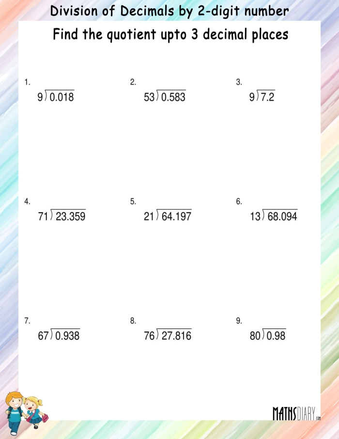 Decimal Placement in Division Worksheet for Fifth Graders Students practicing decimal division estimation in a fifth-grade math worksheet