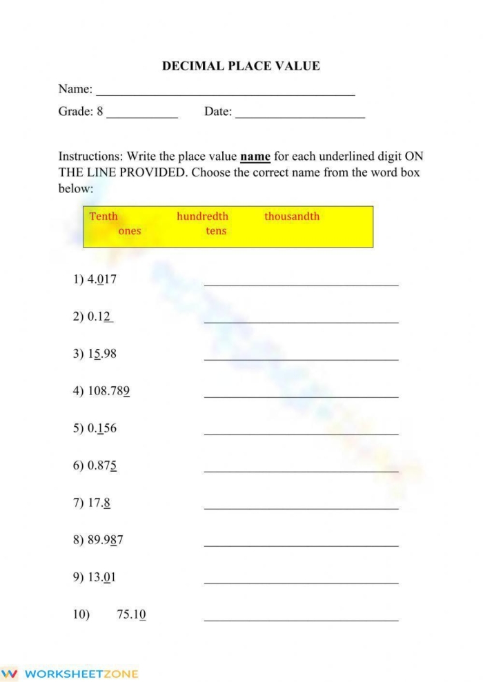 Worksheet image showcasing decimal placement in division for grade 5 students Decimal division worksheet for fifth graders estimating answers to problems