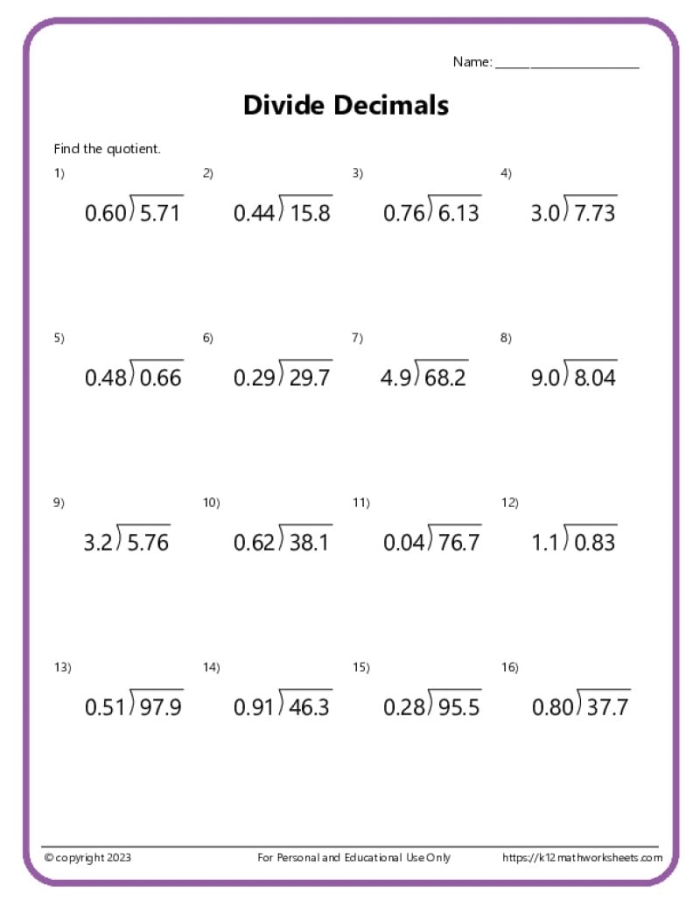 Worksheet image for practicing decimal placement in division for fifth grade students Decimal division worksheet for fifth graders estimating answers to four problems