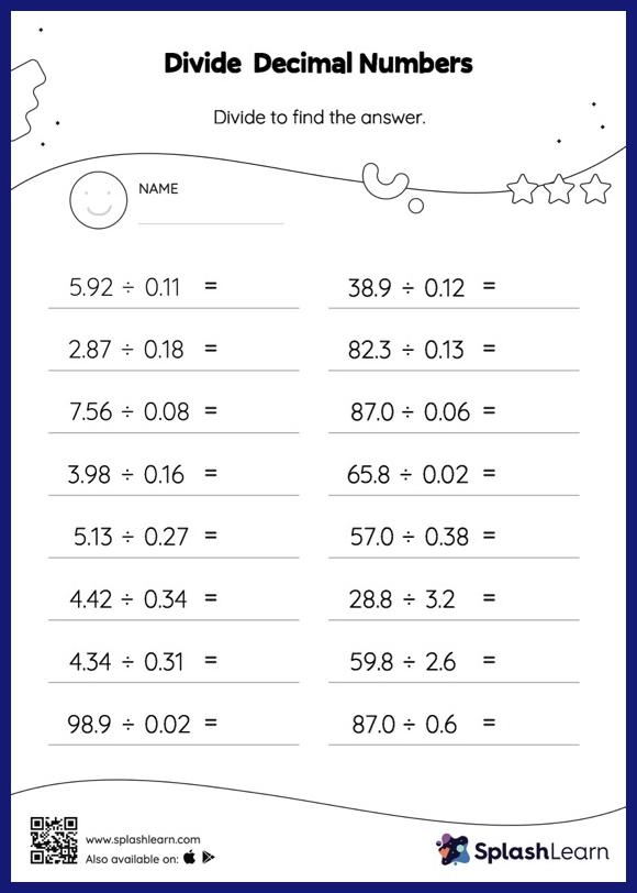 Decimal Placement in Division Worksheet for Estimation Practice Worksheet featuring decimal division problems for fifth graders