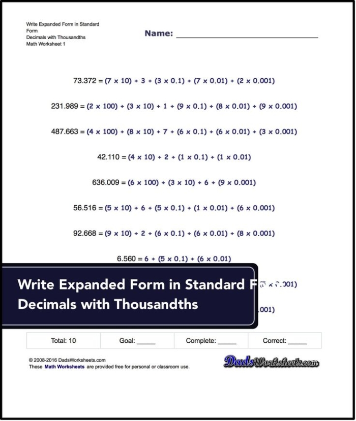 Decimals in Expanded Form practice worksheet for students Worksheet for practicing decimals in expanded form for fifth graders