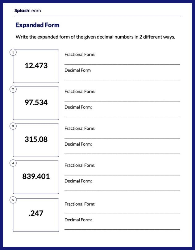 Educational resource for practicing decimal phrases and their numerical representations Worksheet showcasing decimals in expanded form for fifth graders