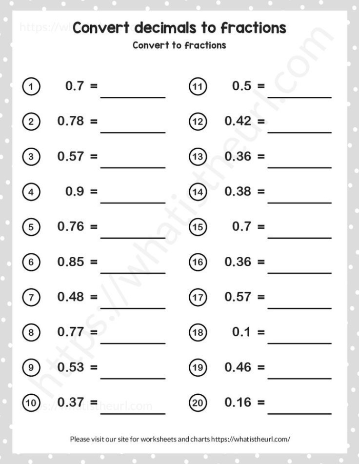 Glossary worksheet for converting fractions to decimals for fifth graders