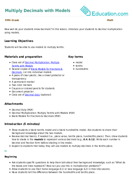 Visual guide for dividing decimals with whole number divisors in a worksheet Students practicing dividing decimals using models in a fifth-grade math worksheet