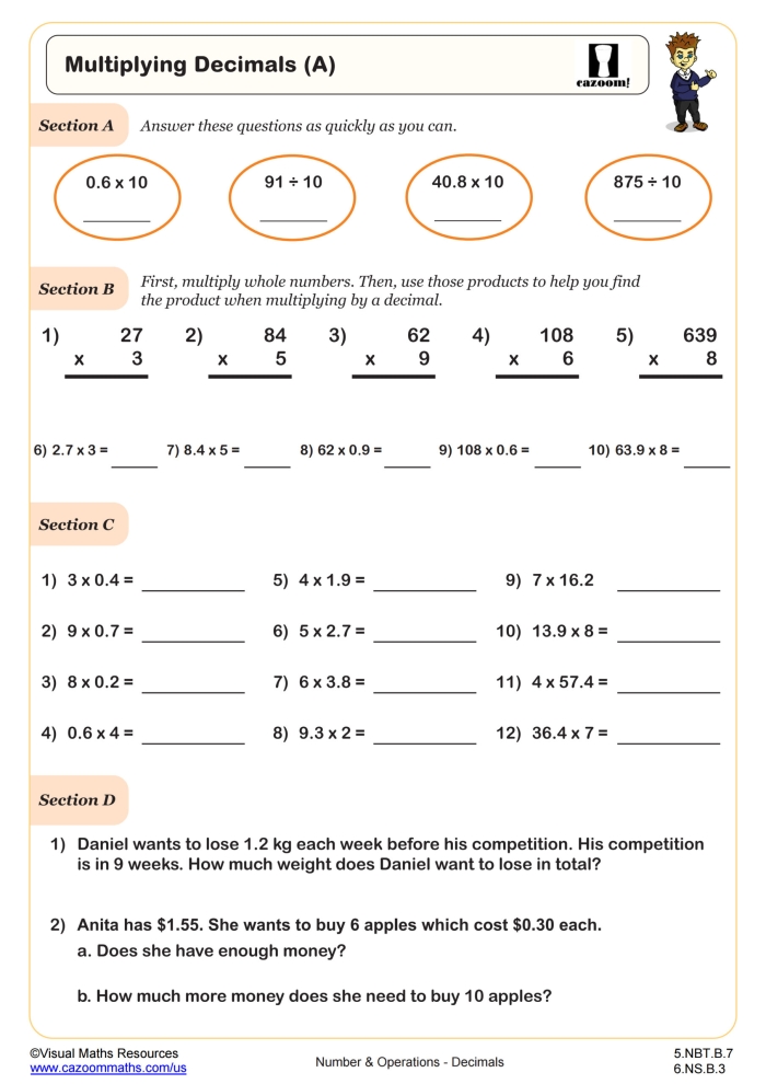 Worksheet for practicing how to multiply decimals with nine problems for fifth graders