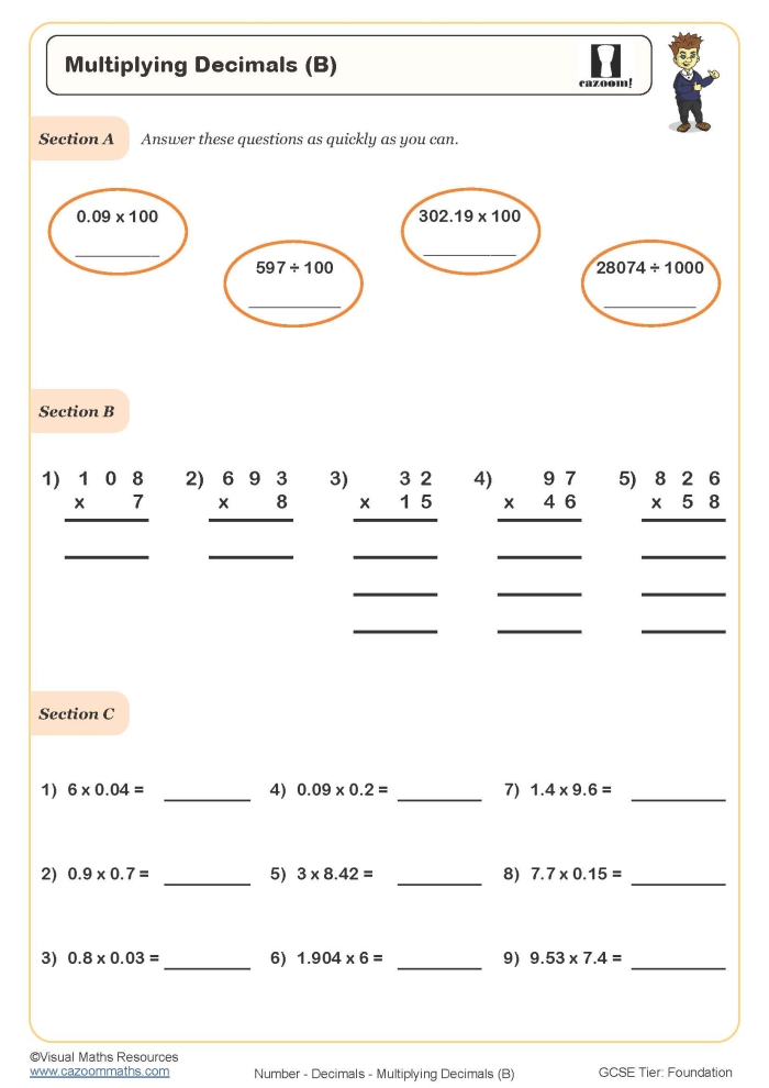 Fifth grade math worksheet focused on practicing decimal multiplication skills with nine guided problems