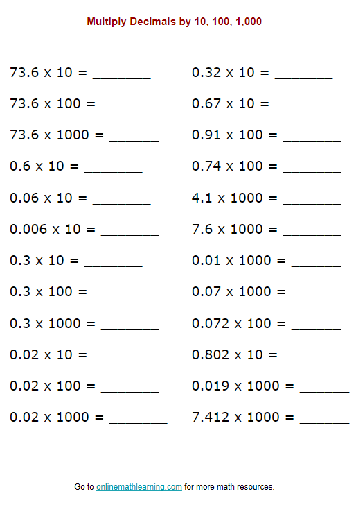 Fifth grade math worksheet featuring nine decimal multiplication problems for students