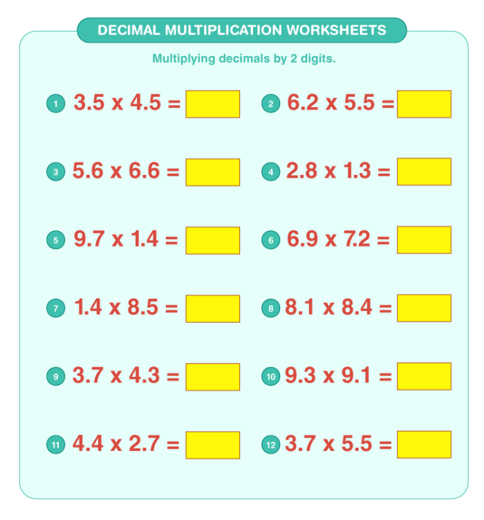 Fifth grade math worksheet featuring nine decimal multiplication practice problems for students