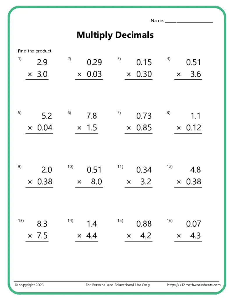 Worksheet for practicing decimal multiplication for fifth graders
