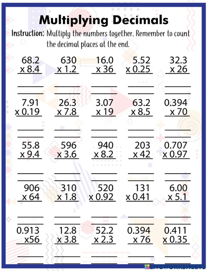 Multiplying Decimals Worksheet for Fifth Grade: Step-by-Step Guide and Exercises Worksheet illustrating the process of multiplying decimals with practice problems for fifth graders