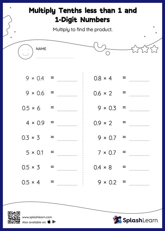 A fifth-grade student working on a worksheet for multiplying decimals