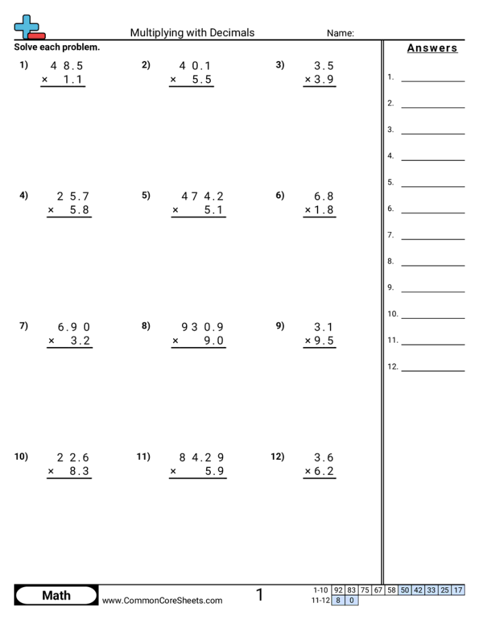 Worksheet demonstrating how to multiply decimals with practice problems for fifth graders