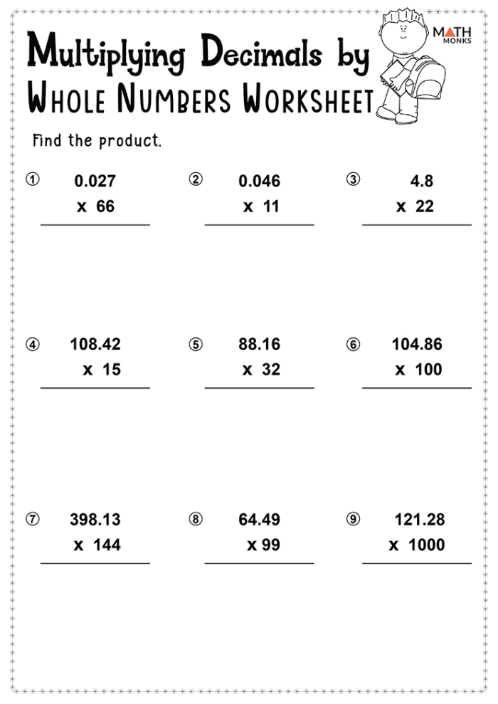 Fifth grade students solving nine math problems in a how to multiply decimals worksheet