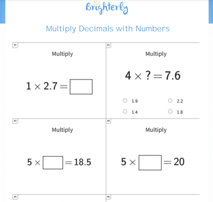 Worksheet for practicing decimal multiplication for fifth graders