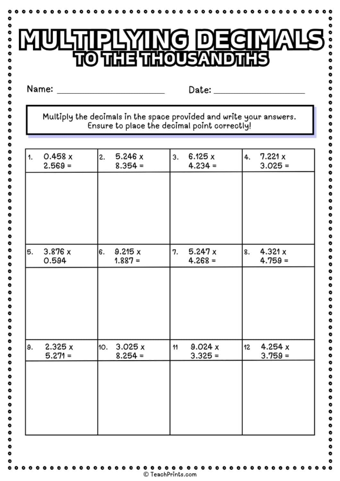 Fifth grade math worksheet featuring nine decimal multiplication problems for students to solve