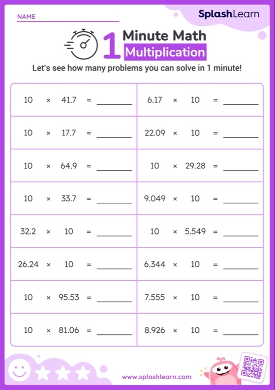 Worksheet featuring steps for multiplying decimals with practice problems for fifth graders