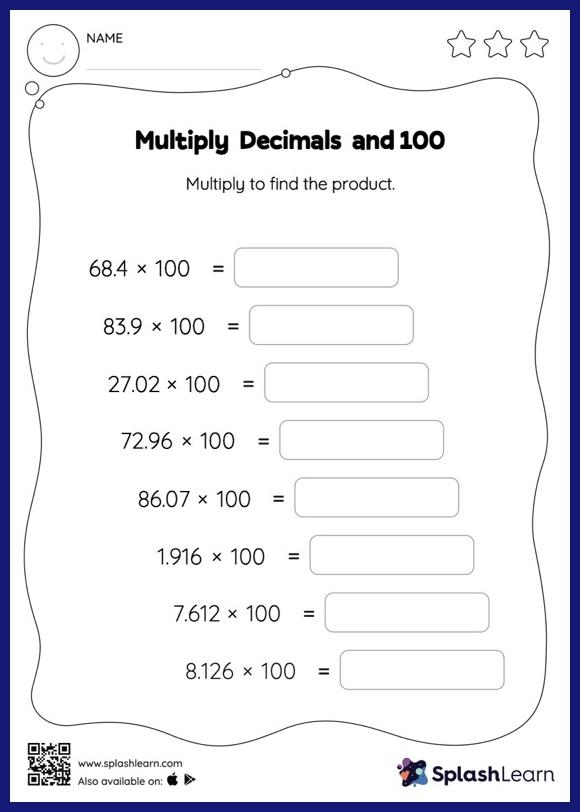 Worksheet for practicing decimal multiplication for fifth graders