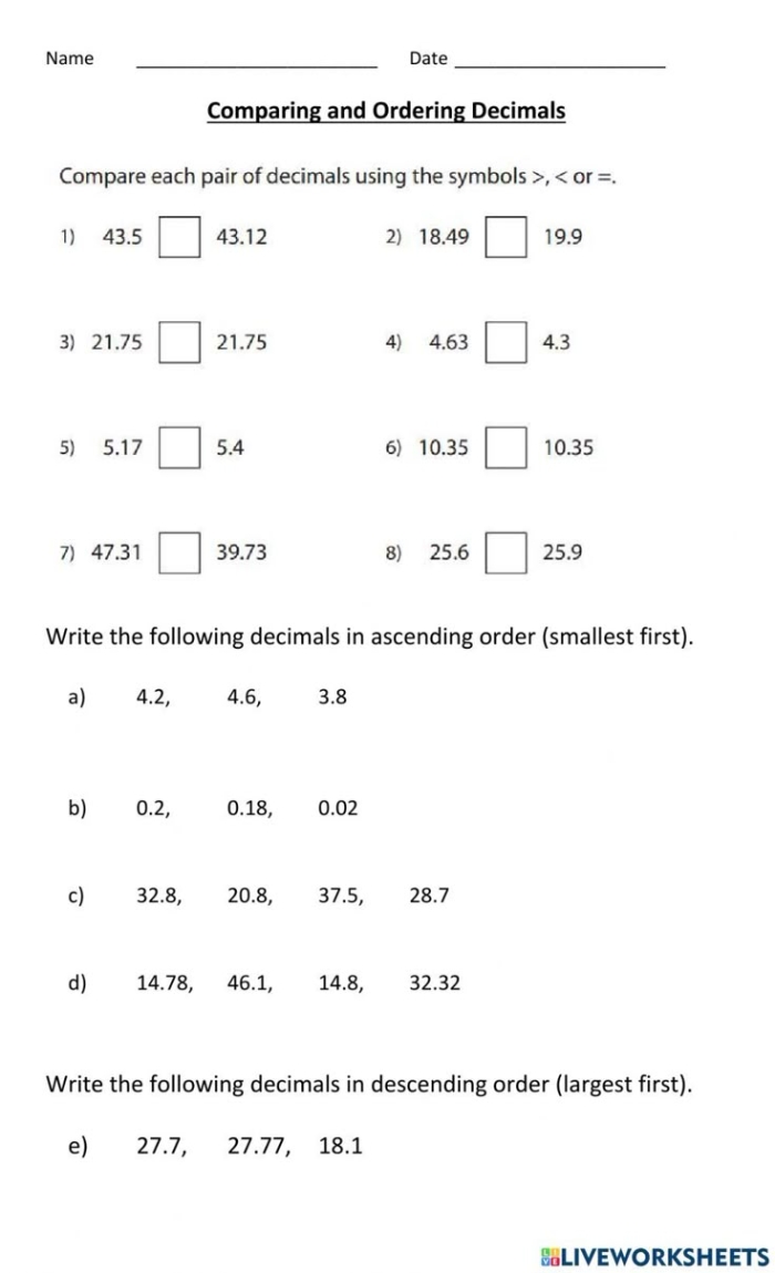 Fifth grade place value worksheet showing decimal numbers positioned on a number line for ordering practice