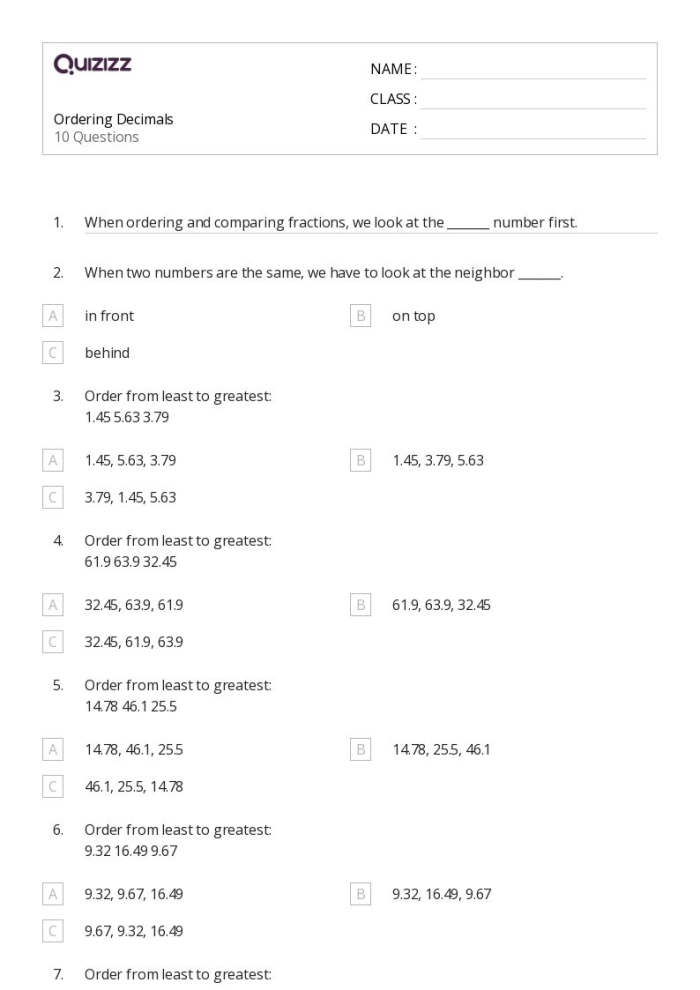 Fifth grade place value worksheet showing decimal numbers arranged on a number line for ordering practice