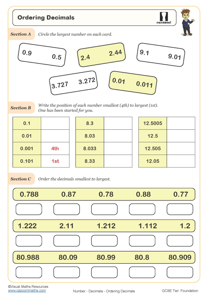 Fifth grade place value worksheet showing decimal numbers arranged on a number line for ordering practice